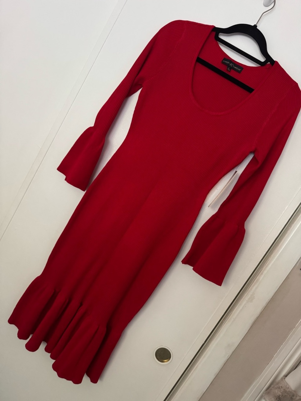 Almost Famous Red Ribbed Midi Dress with Flared Sleeves